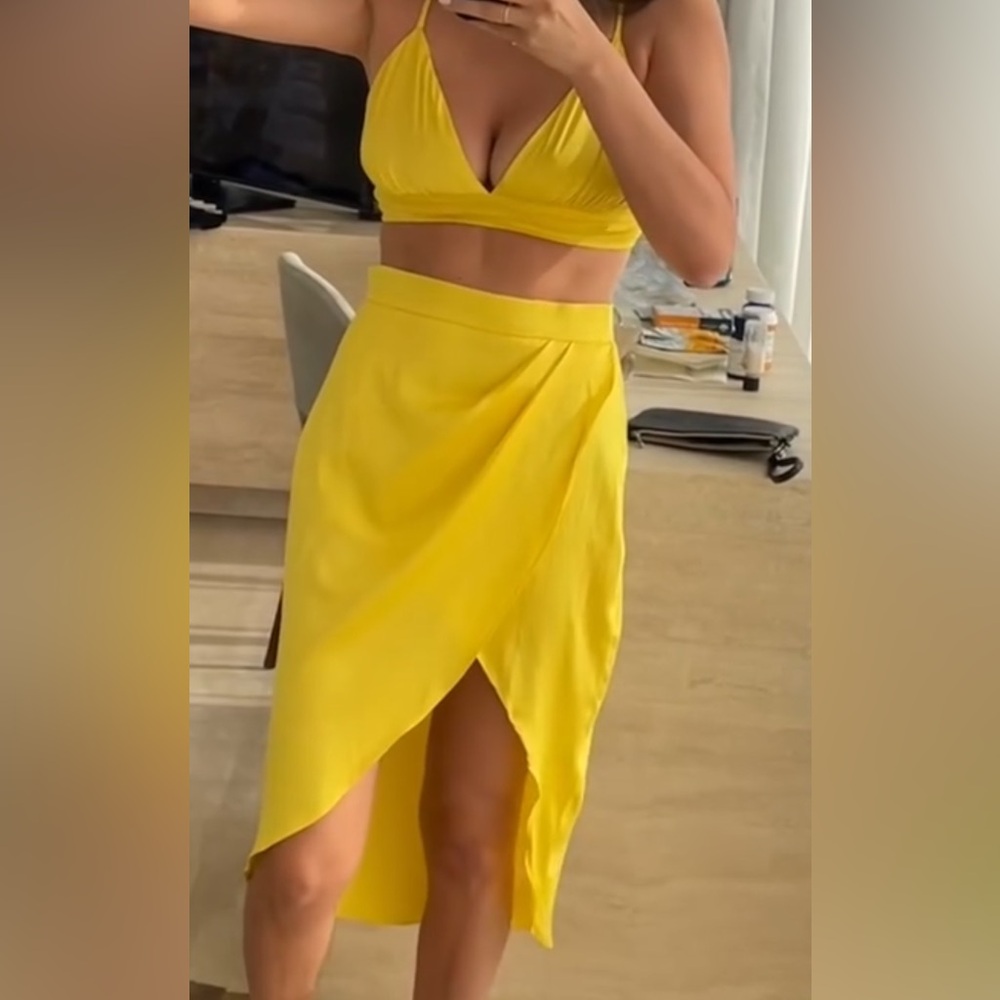 Showpo Yellow Midi Wrap Skirt and top with Slit